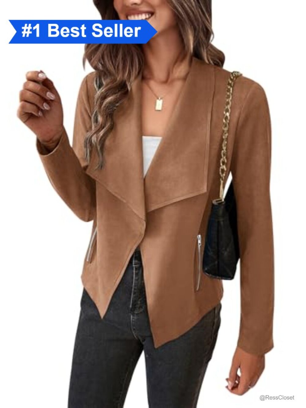 Faux Suede Cropped Jacket Waterfall Collar Open Front Pockets
